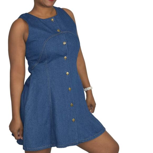 JOA Denim Dress Blue Jean Sleeveless Button Front Jumper Cutout Mini Size Medium - Picture 1 of 15